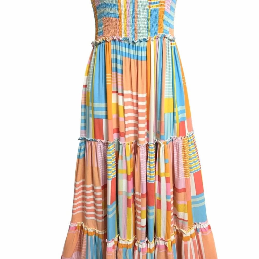 Abel the Label Boho Patchwork Tiered Maxi Dress XS Multicolor Smocked Strapless - Picture 3 of 7